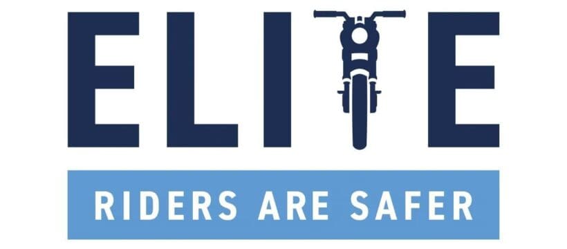 ELITE logo with motorbike creating T and reads riders are safer underneath, in a blue box.
