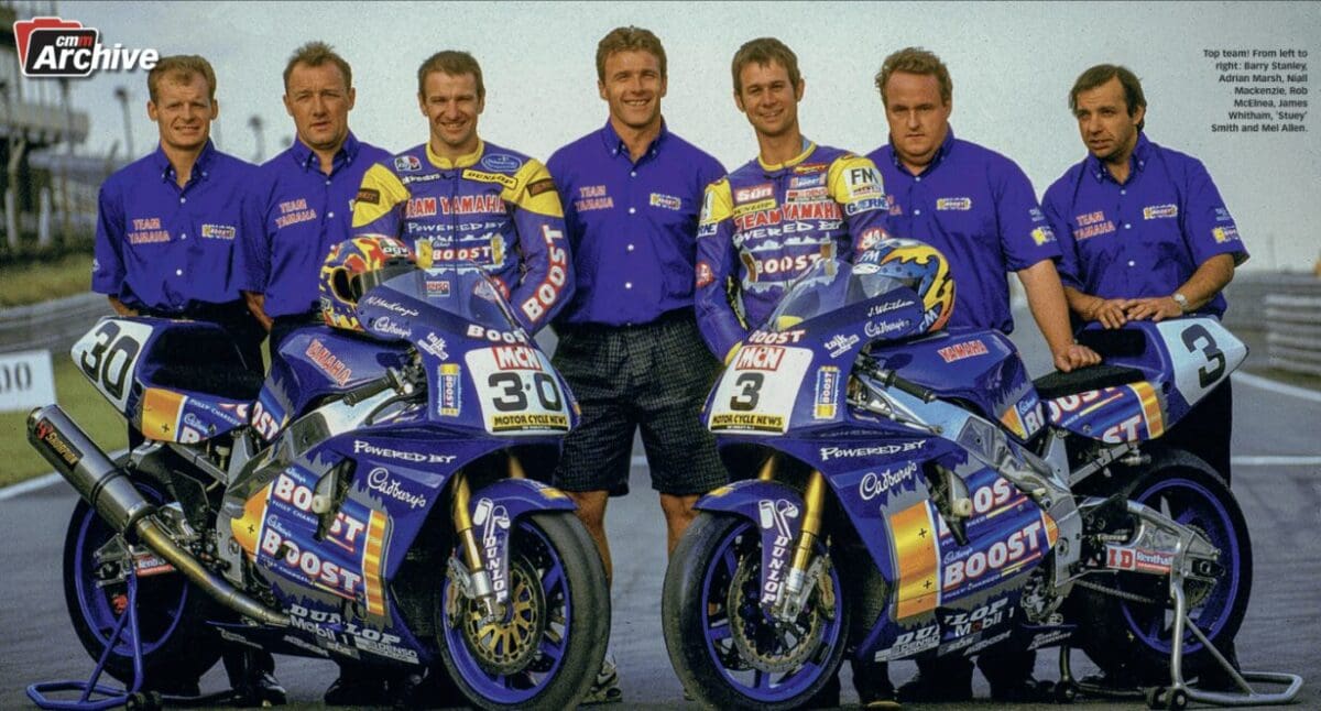 Top team! From left to right: Barry Stanley, Adrian Marsh, Niall Mackenzie, Rob McElnea, James Whitham, 'Stuey' Smith and Mel Allen.